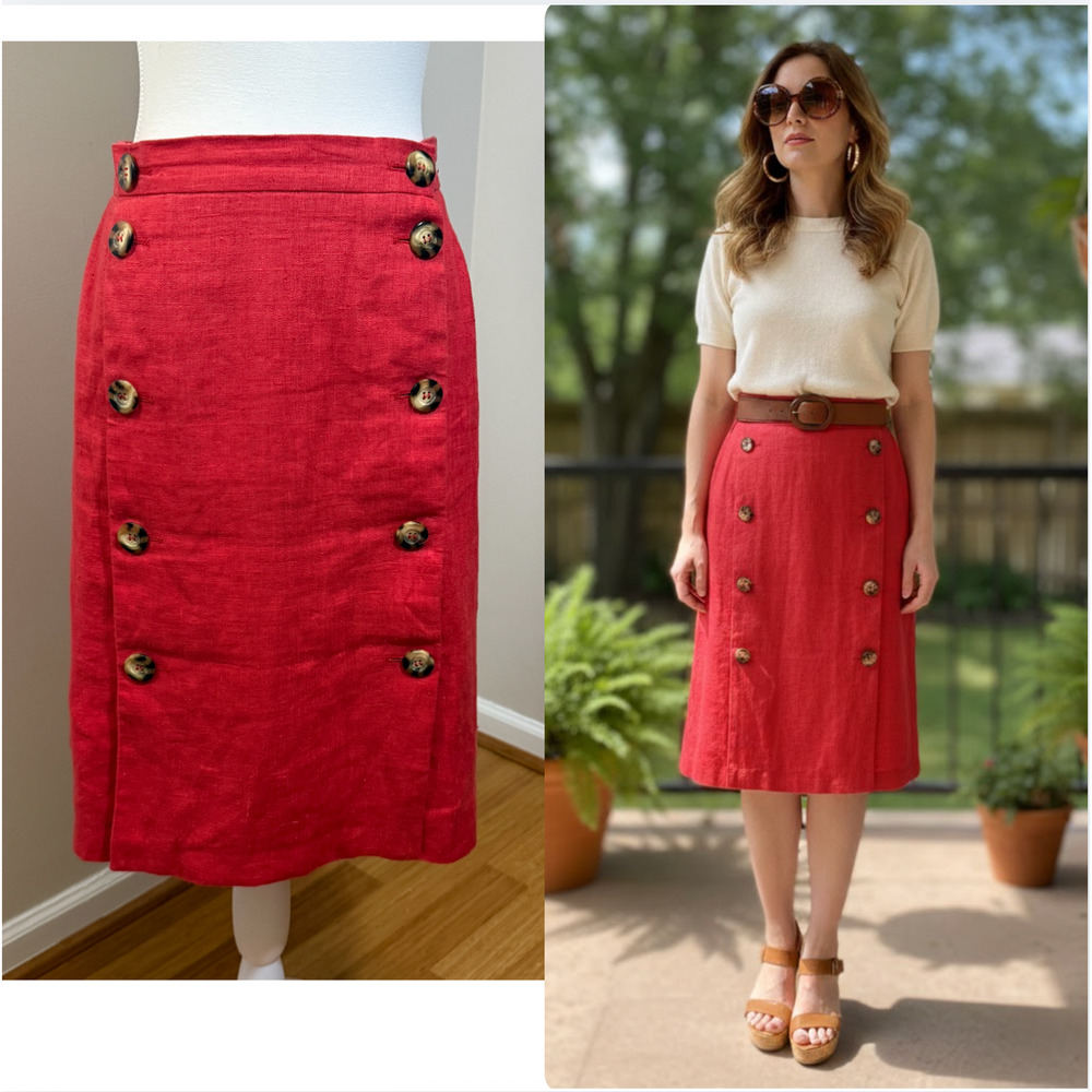Vintage Harvé‎ Benard Red Linen Button Front Midi Skirt
